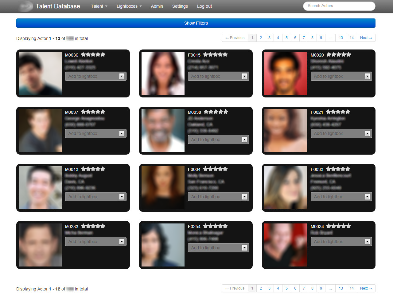 Talent database grid view